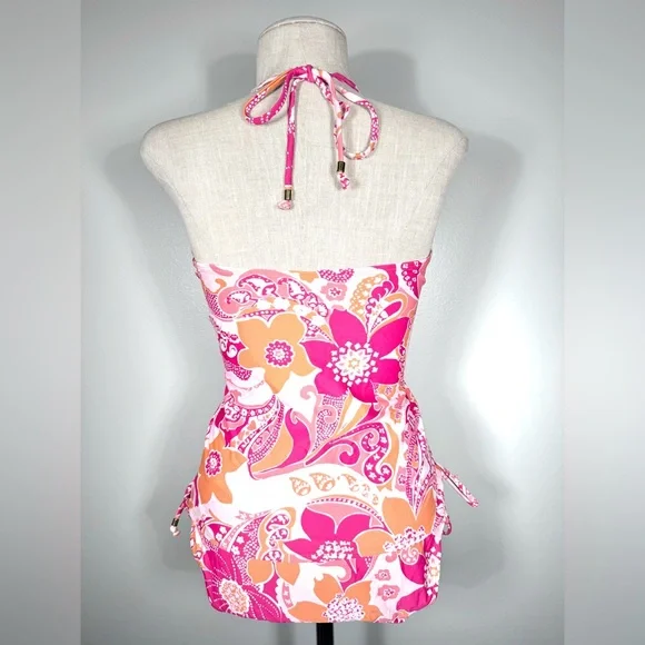 Old Navy Vintage Y2K Mod Pink and Orange Floral Halter Bandeau Tankini Set - Picture 2 of 10